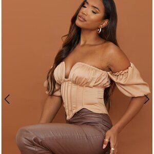 PrettyLittleThing PLT Champagne Textured Satin Bardot Corset Top 6 NWT